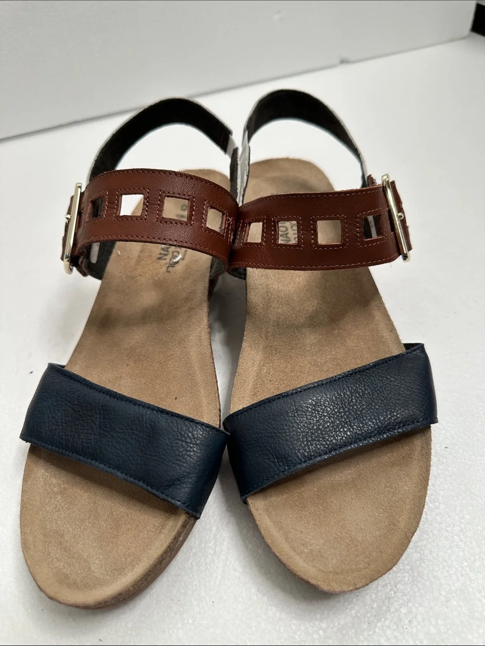 NAOT dynasty wedge Leather Slingback Sandals in Brown and Navy white size 4